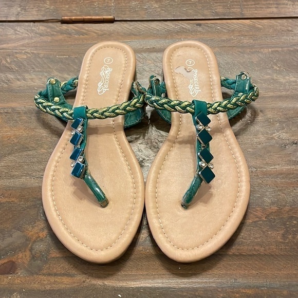 Rosegirl sandals size 7 with green and gold braiding accented by gems - Picture 2 of 5